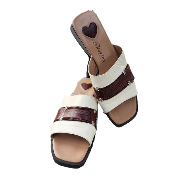 Brighton Shoes - Brighton Billie Brown & Beige Open Toe Slide Leather Sandals 7.5